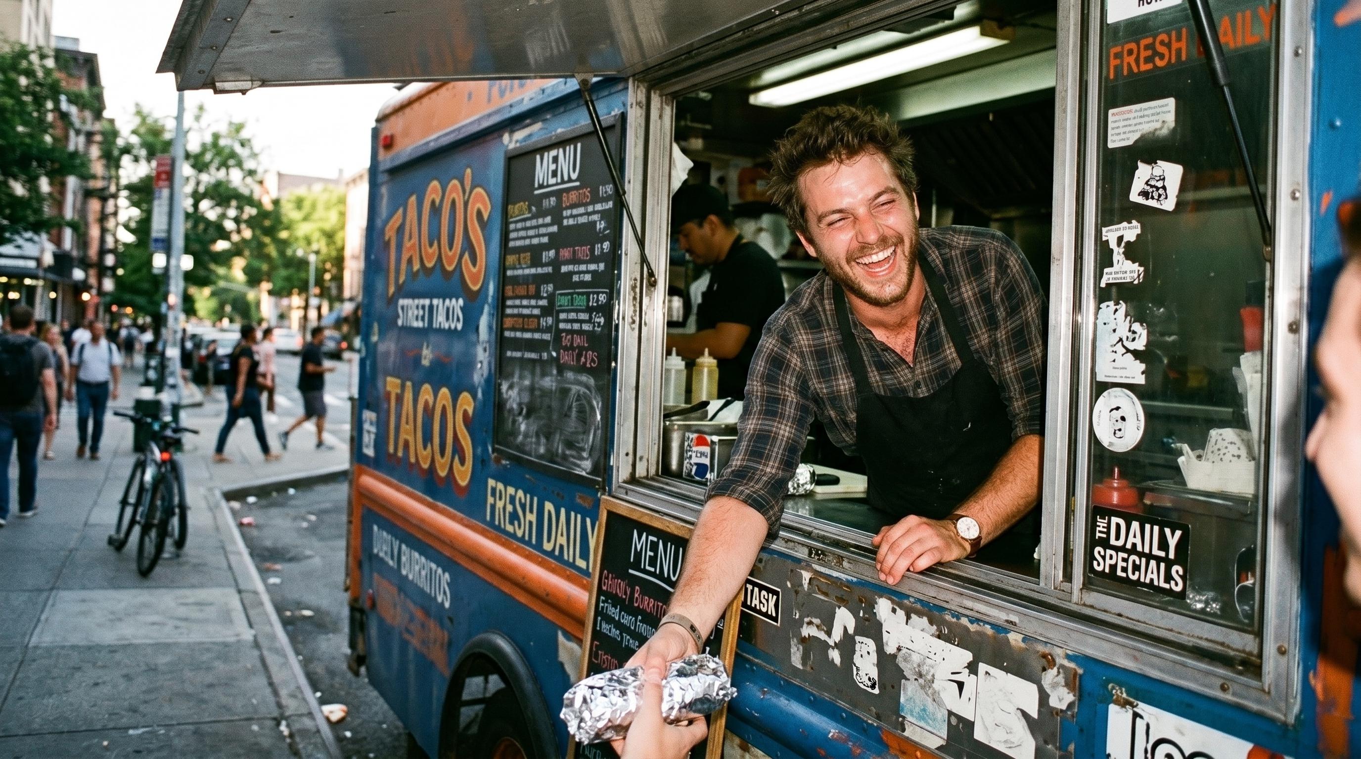 An independent professional laughing as he hands an order out of his food truck window